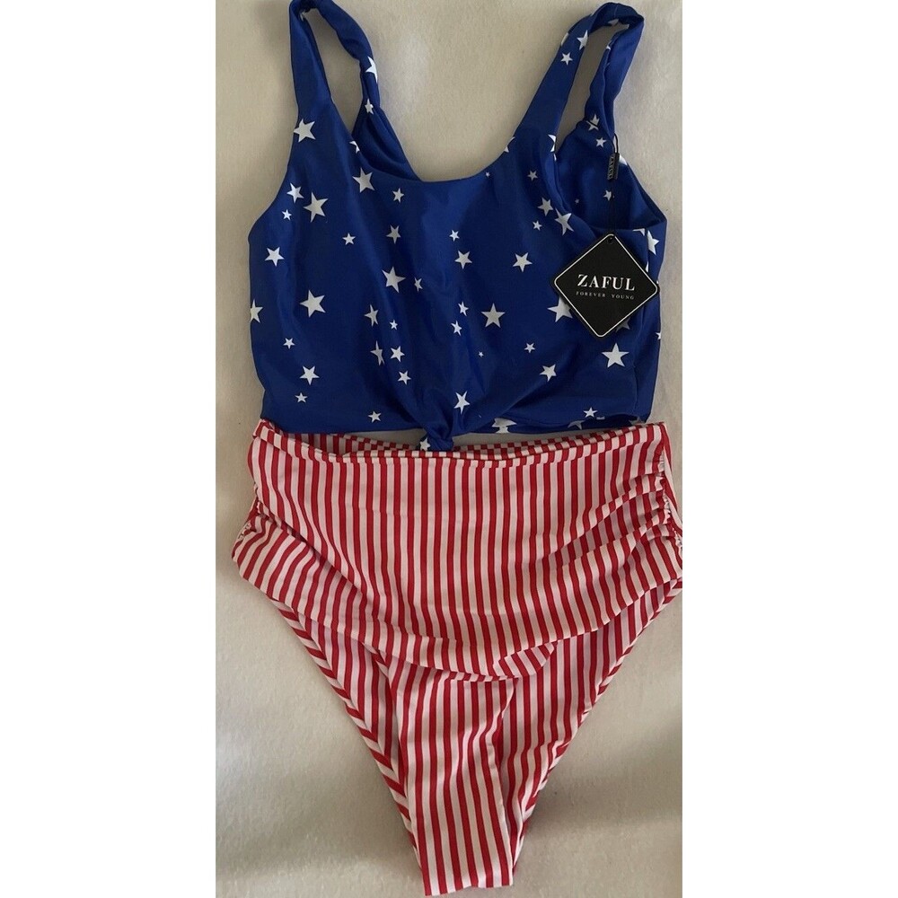 ZAFUL FOREVER YOUNG Bikini Set Red/White Blue Patriotic Women’s SZ 4 Swimwear - Picture 2 of 11